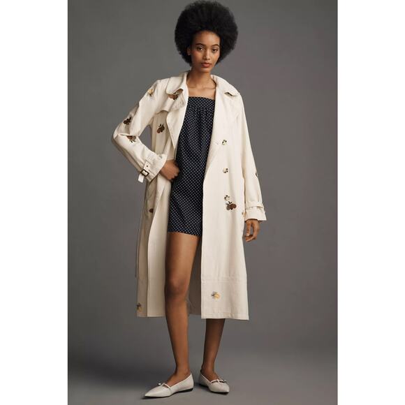 nwt ANTHROPOLOGIE MAVE sz S Embroidered Bumble Bee Linen Trench Coat - Picture 3 of 6